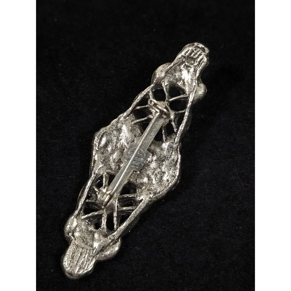 Vintage Victorian Style Floral Bar Brooch Clear Glass Cabochon Pin‎ Silver Tone
